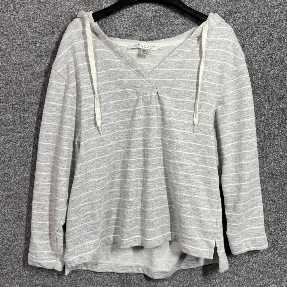 Max Studio Loungewear Hoodie Womens M Gray White Striped V-Neck Sweatshirt